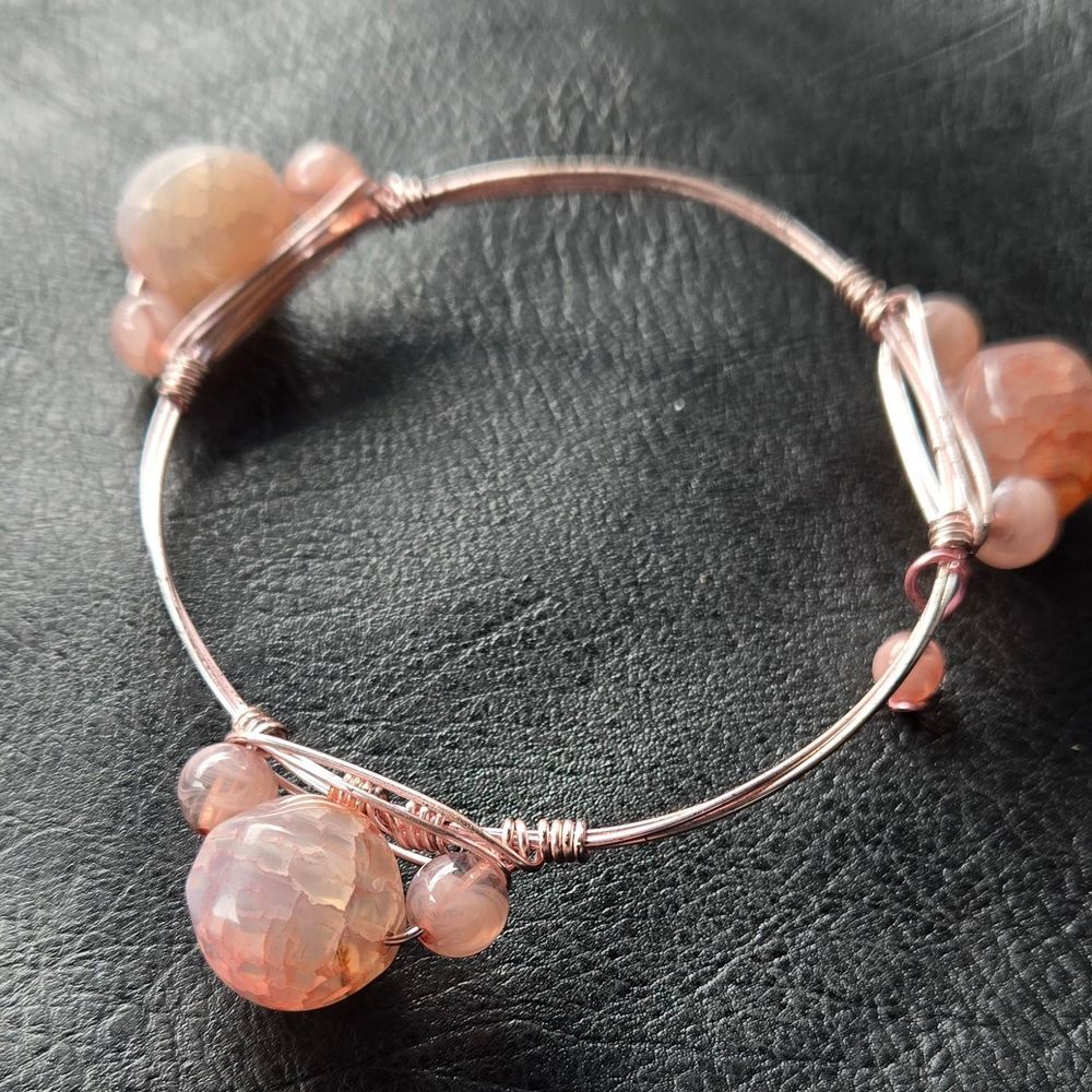 Bourbon and Boweties Sunstone Gemstone Wire Bangle Bracelet Pink Peach Stone